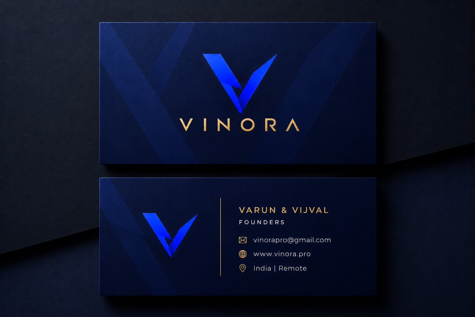 VINORA business card — Varun Sharma & Vijval Nair, Founders